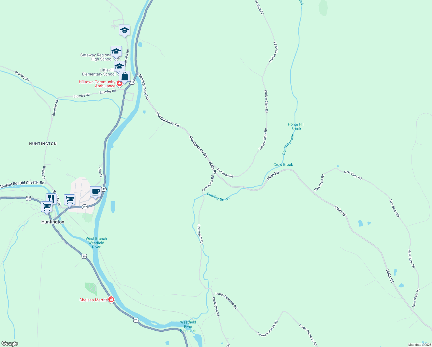 map of restaurants, bars, coffee shops, grocery stores, and more near 443 Main Rd in Westfield