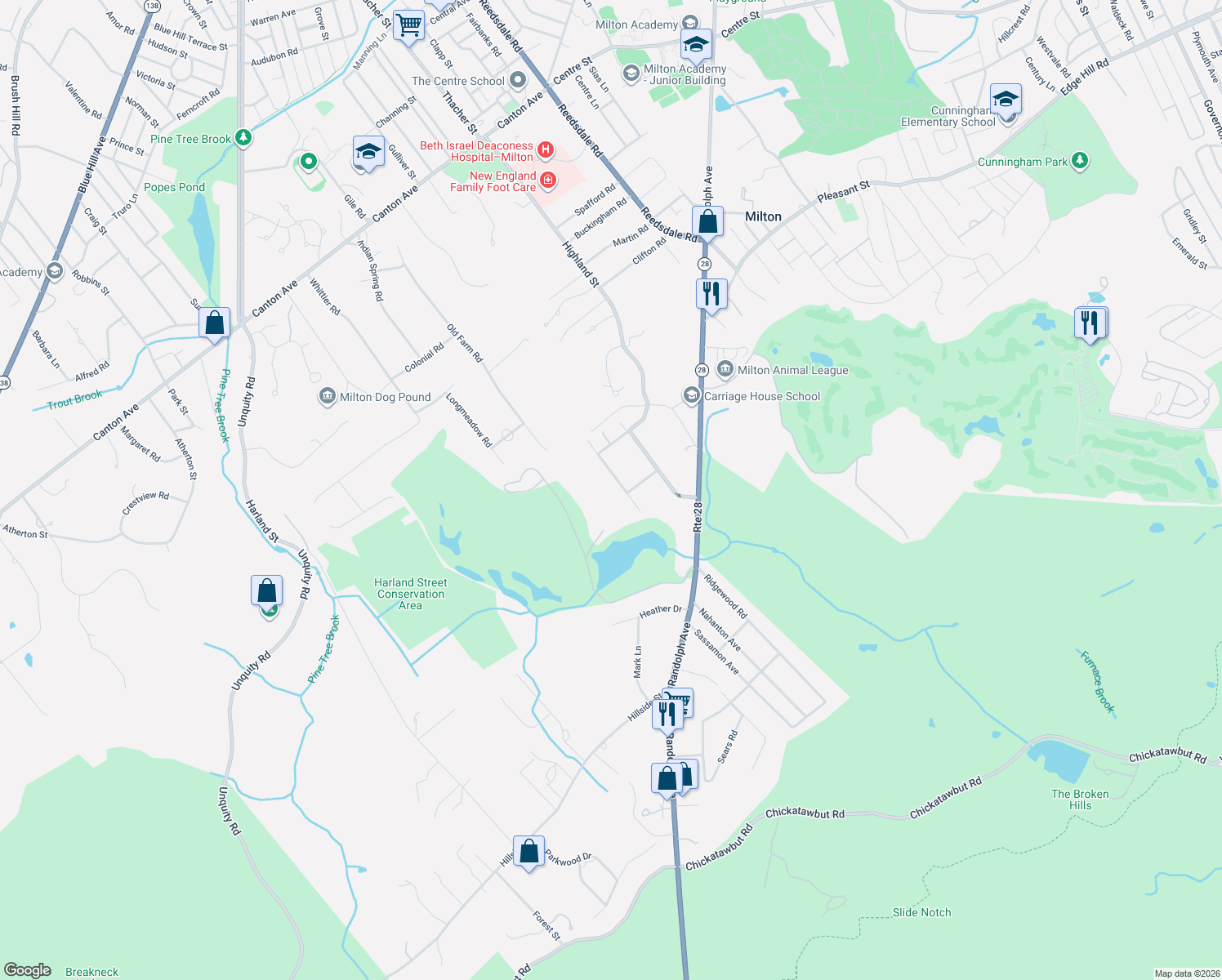 map of restaurants, bars, coffee shops, grocery stores, and more near 27 Woodside Drive in Milton