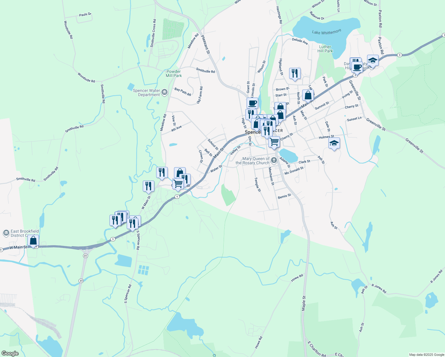 map of restaurants, bars, coffee shops, grocery stores, and more near 60 Valley Street in Spencer