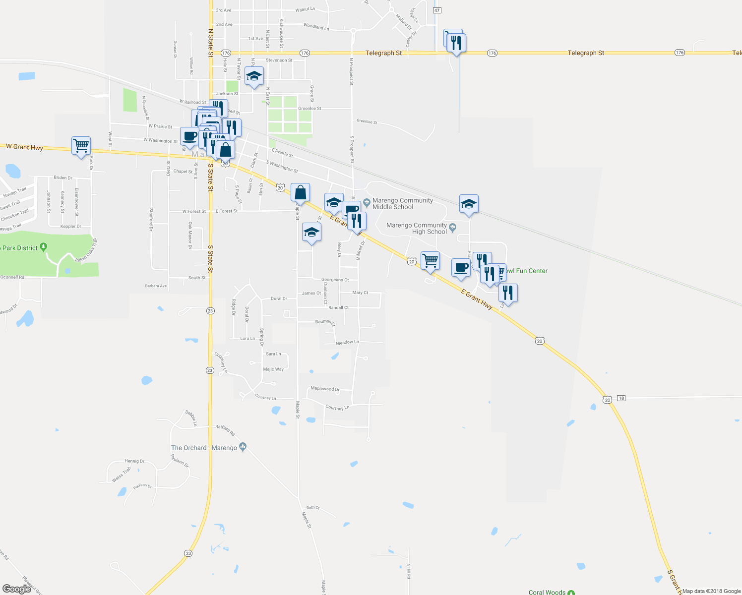 map of restaurants, bars, coffee shops, grocery stores, and more near 937 Mary Court in Marengo