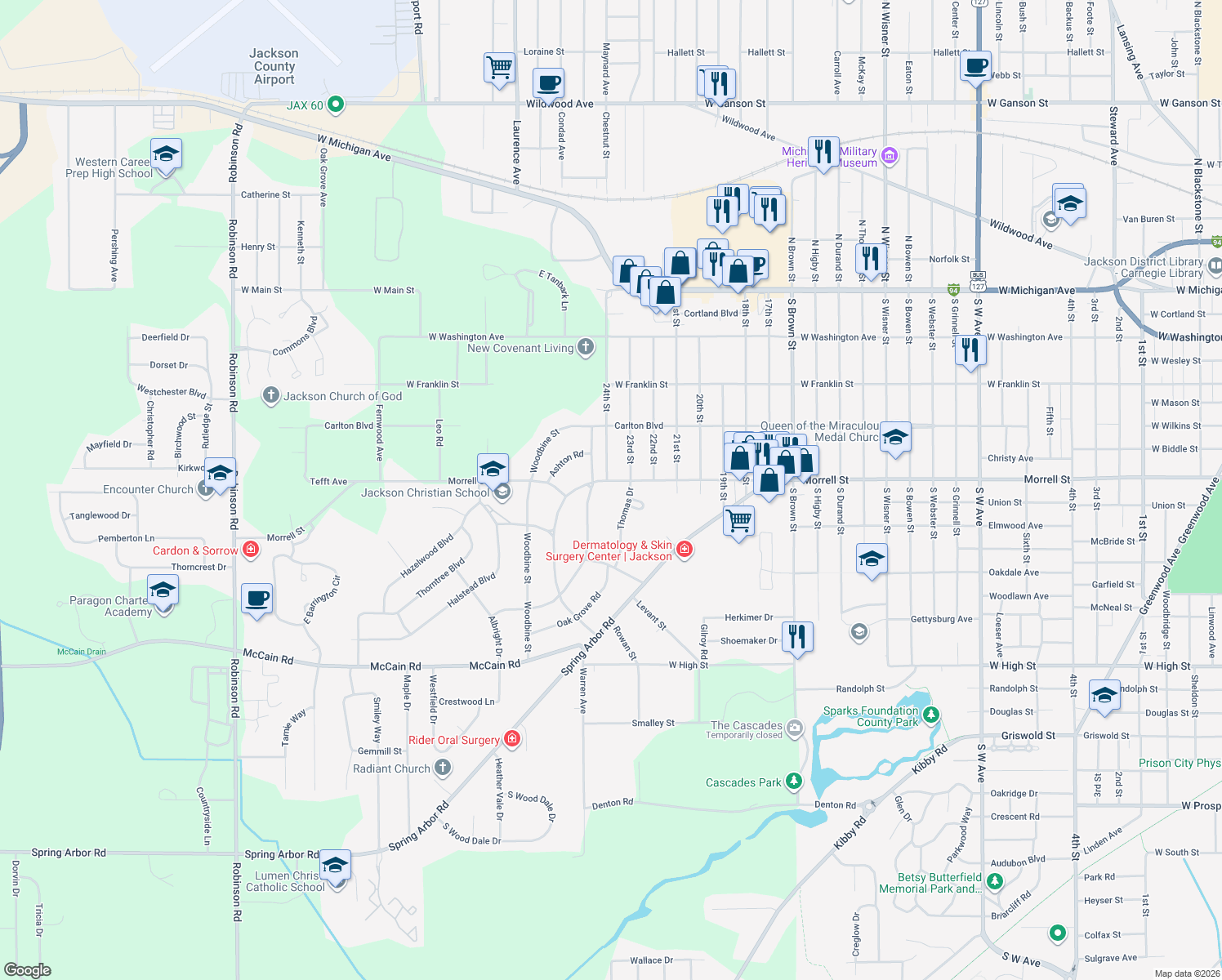 map of restaurants, bars, coffee shops, grocery stores, and more near 2325 West Morrell Street in Jackson