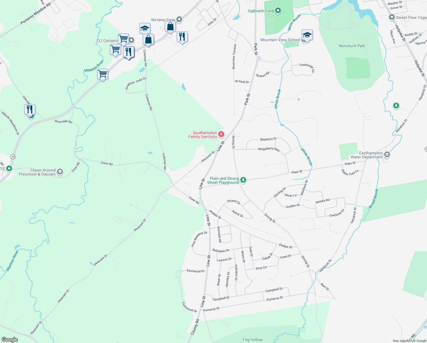 map of restaurants, bars, coffee shops, grocery stores, and more near 44 Line Street in Easthampton