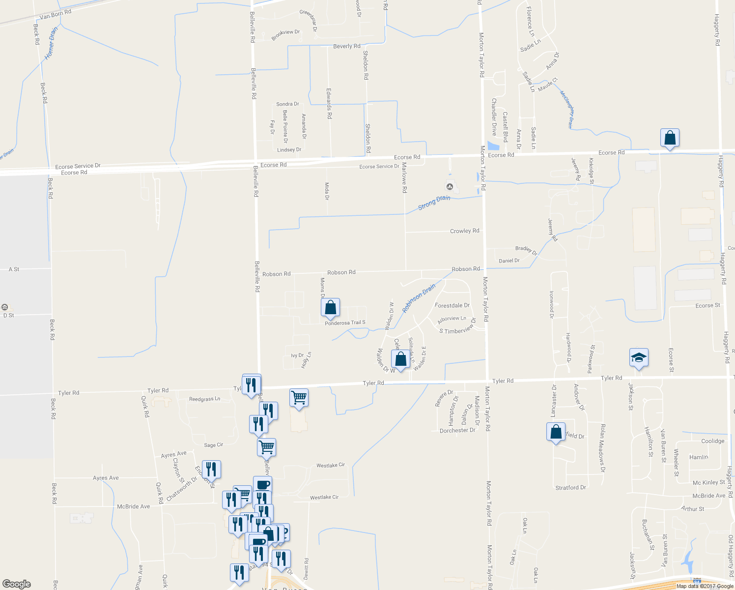 map of restaurants, bars, coffee shops, grocery stores, and more near 44463 Robson Road in Belleville