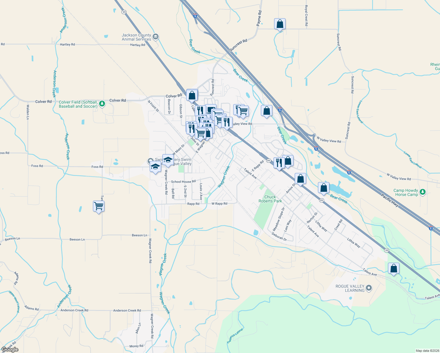 map of restaurants, bars, coffee shops, grocery stores, and more near 236 Talent Avenue in Talent