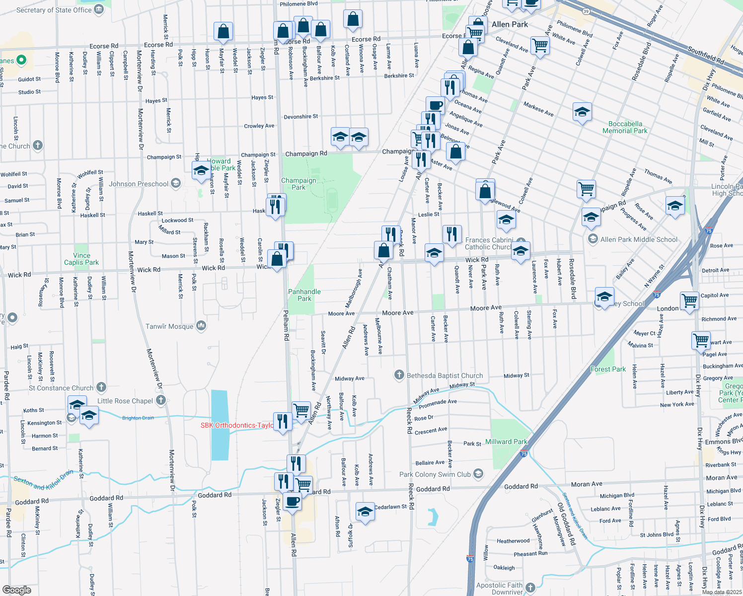 map of restaurants, bars, coffee shops, grocery stores, and more near 359 Allen Road in Allen Park