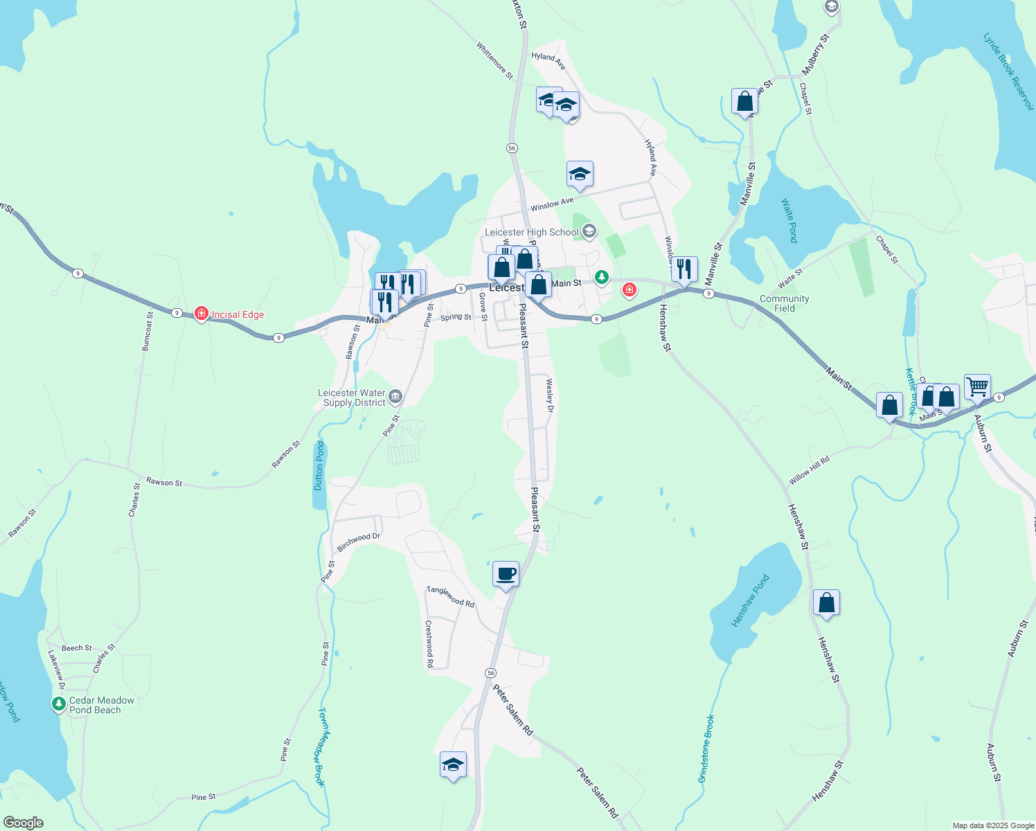 map of restaurants, bars, coffee shops, grocery stores, and more near 6 Holcomb Street in Leicester
