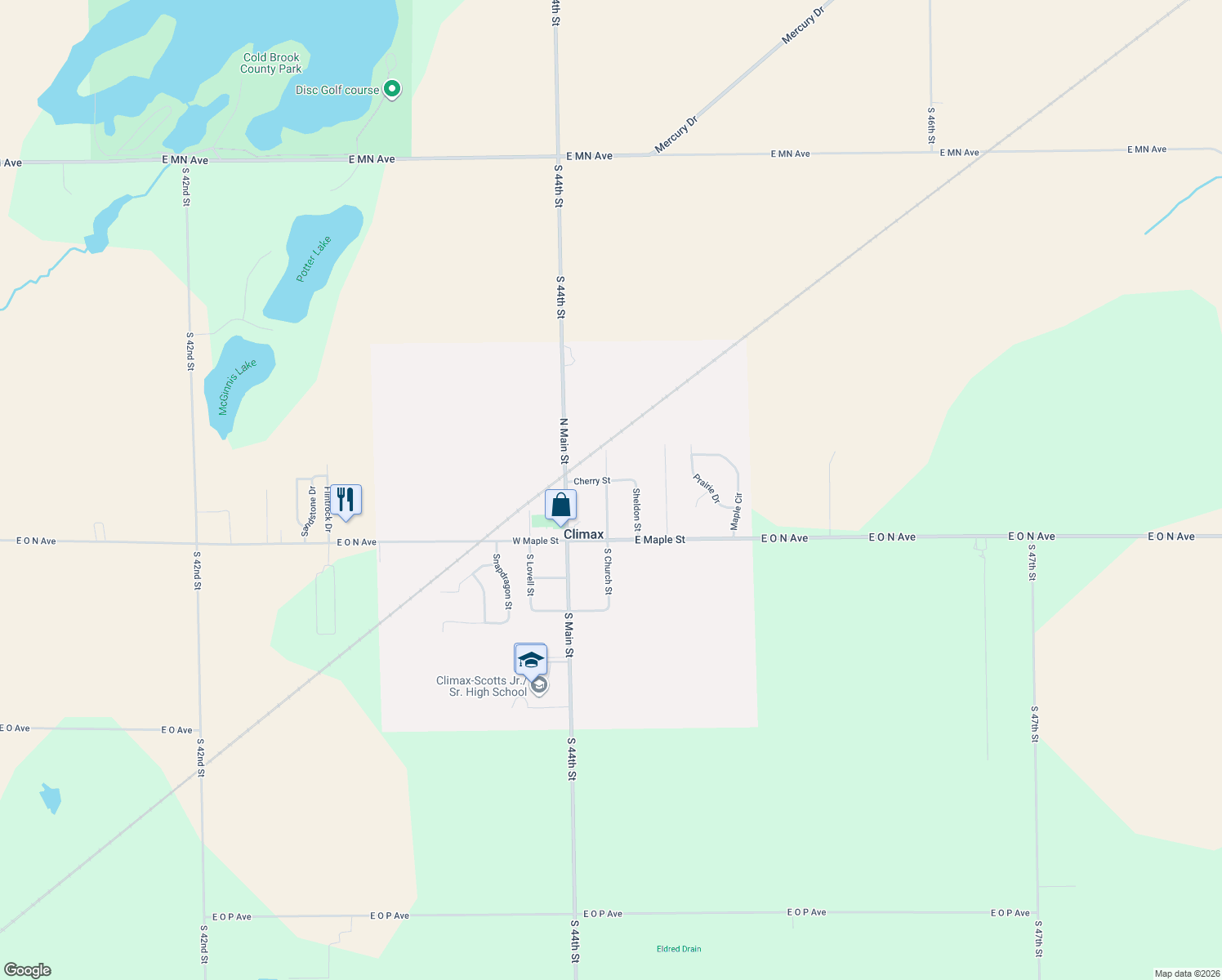 map of restaurants, bars, coffee shops, grocery stores, and more near 144 North Church Street in Climax