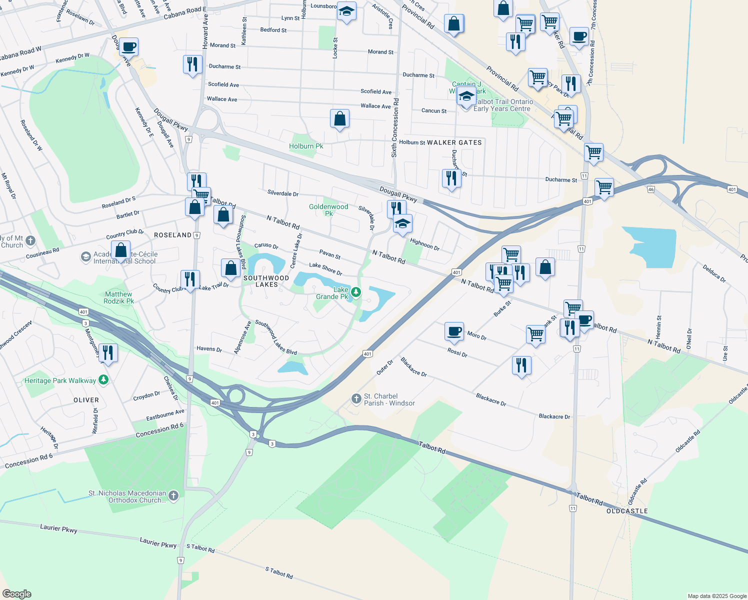 map of restaurants, bars, coffee shops, grocery stores, and more near 1040 Lake Laguna Court in Windsor