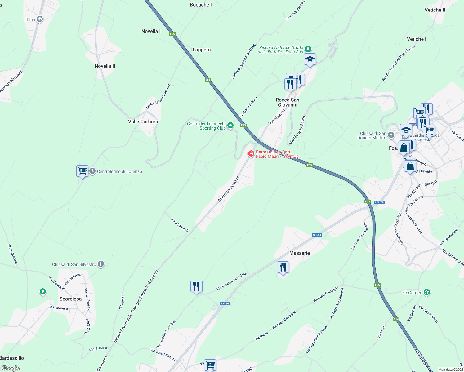 map of restaurants, bars, coffee shops, grocery stores, and more near 63 Contrada Perazza in Rocca San Giovanni
