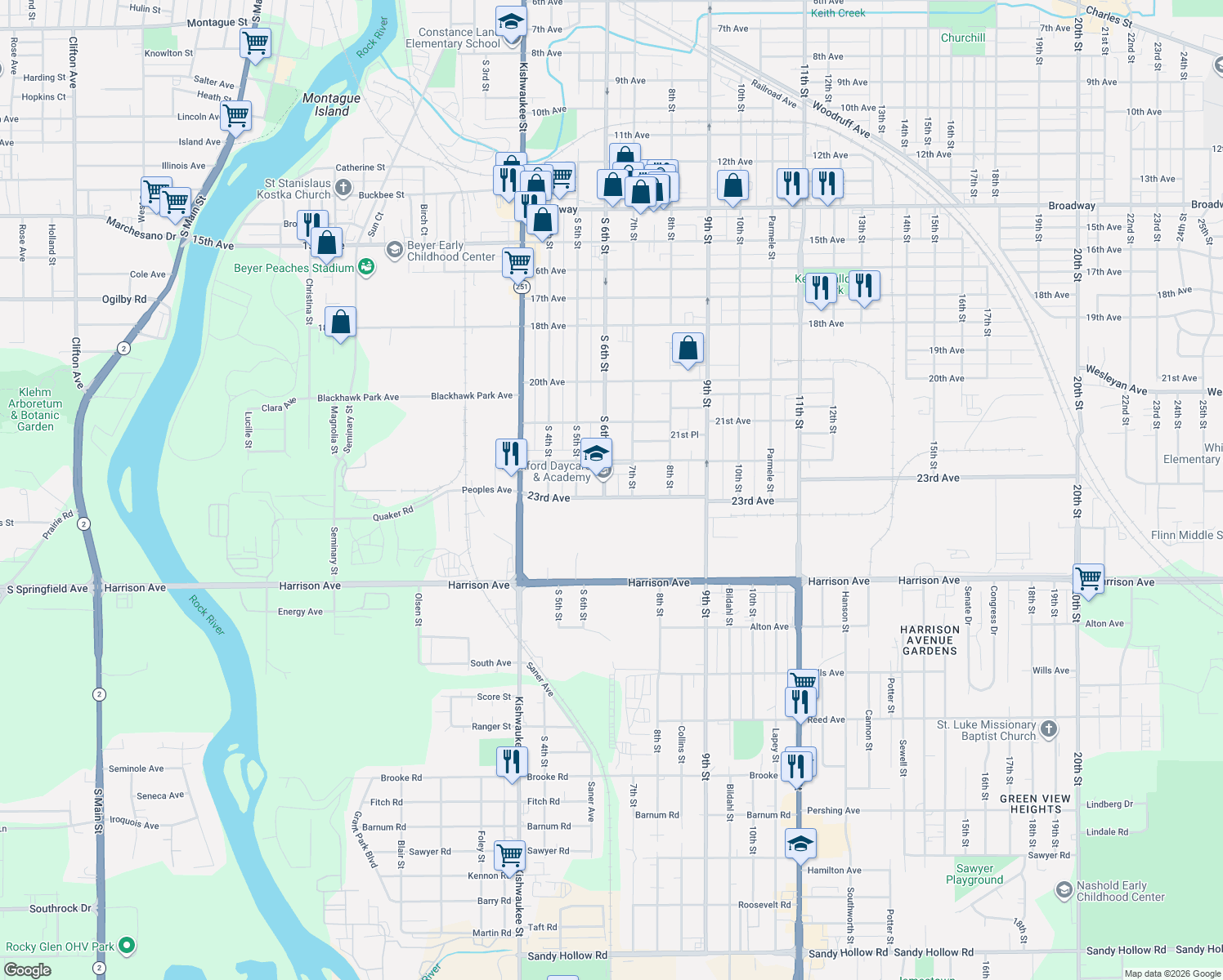 map of restaurants, bars, coffee shops, grocery stores, and more near 2332 South 6th Street in Rockford