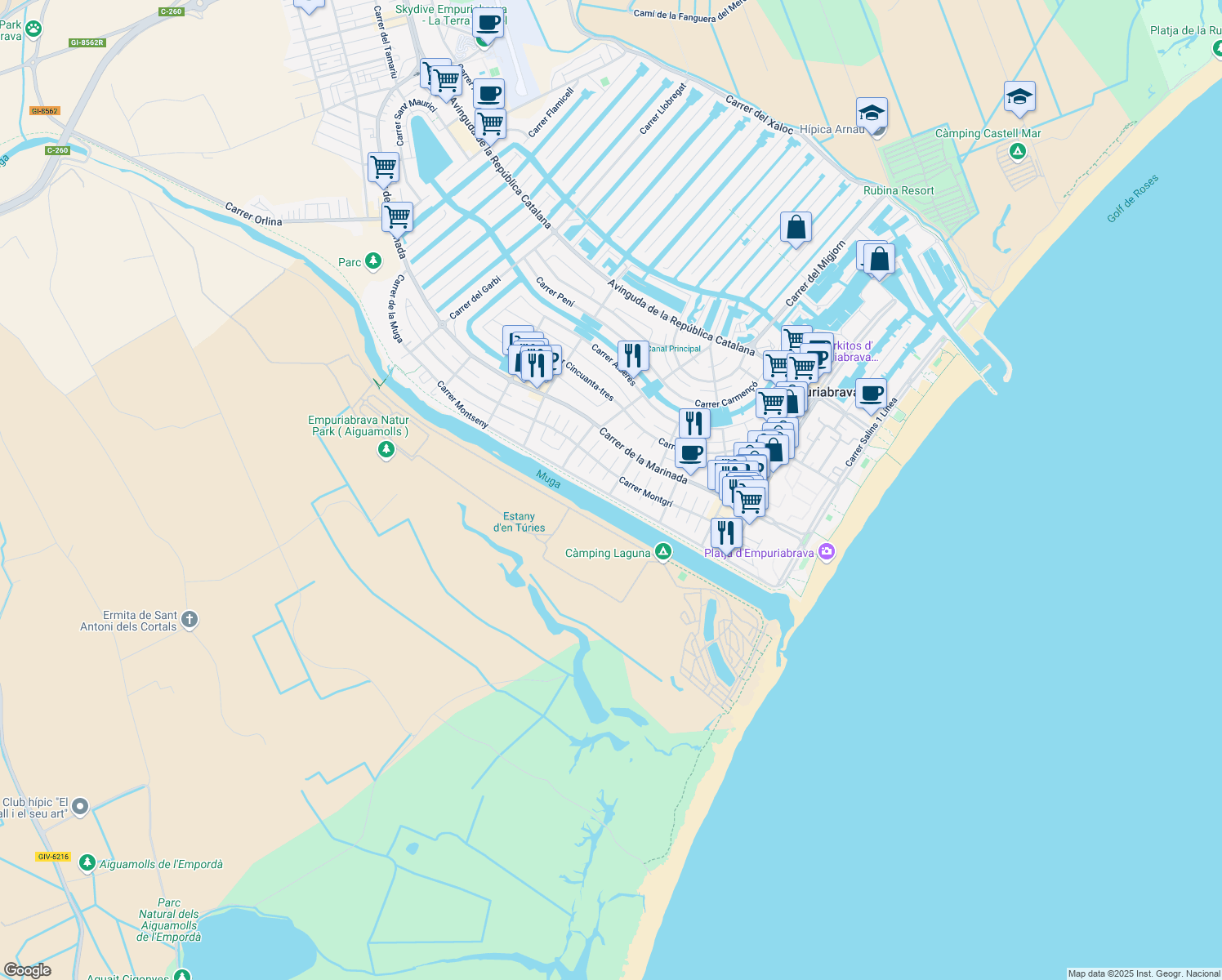 map of restaurants, bars, coffee shops, grocery stores, and more near 230 Carrer Montgrí in Empuriabrava