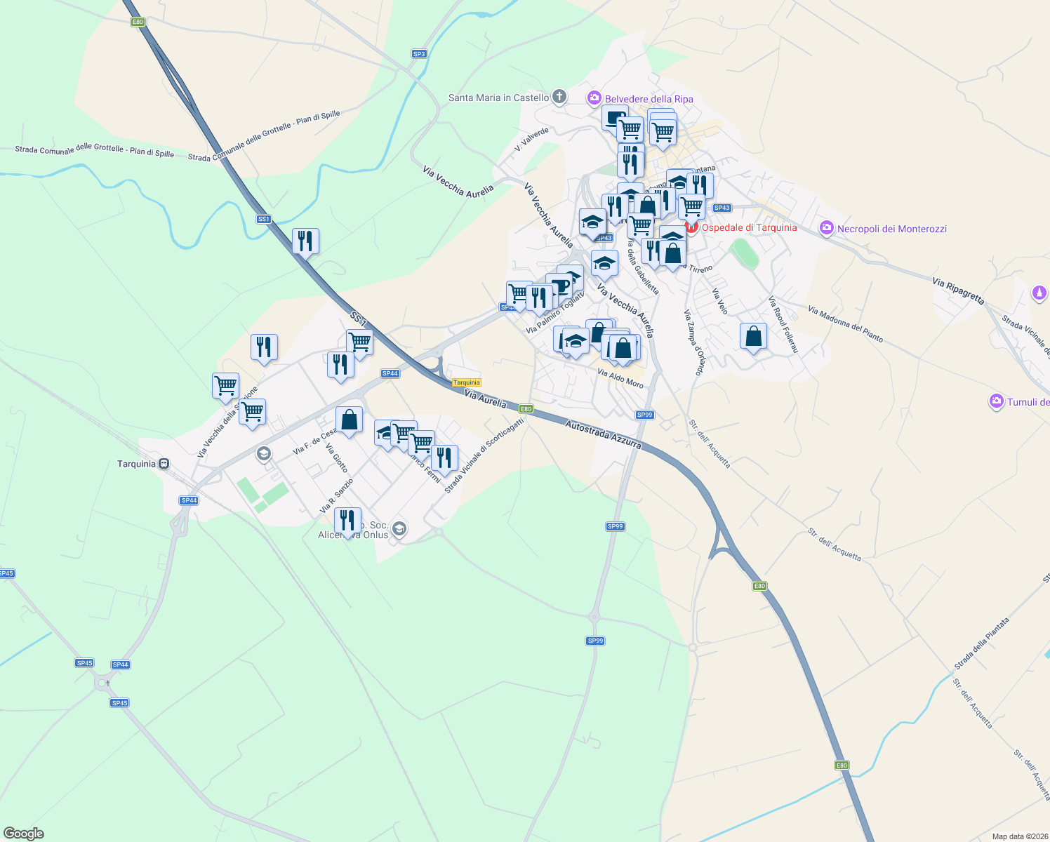 map of restaurants, bars, coffee shops, grocery stores, and more near Strada Statale 1 Via Aurelia in Viterbo