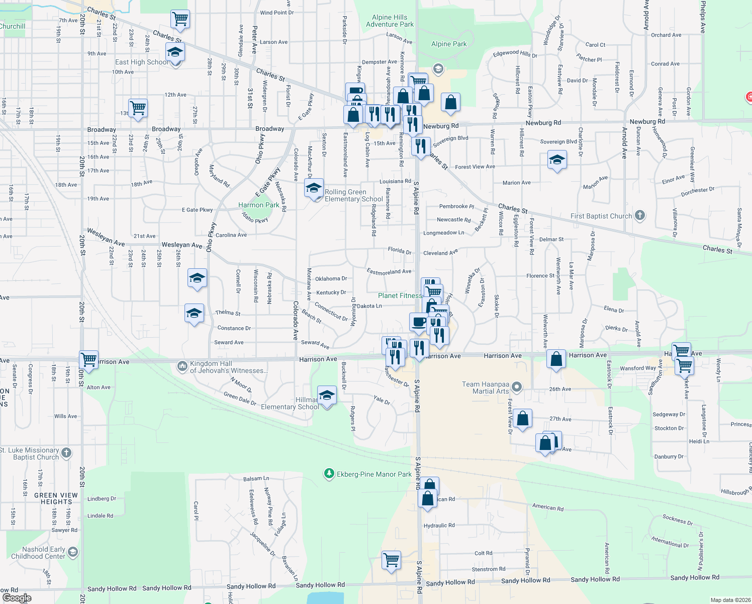 map of restaurants, bars, coffee shops, grocery stores, and more near 4012 Dakota Lane in Rockford