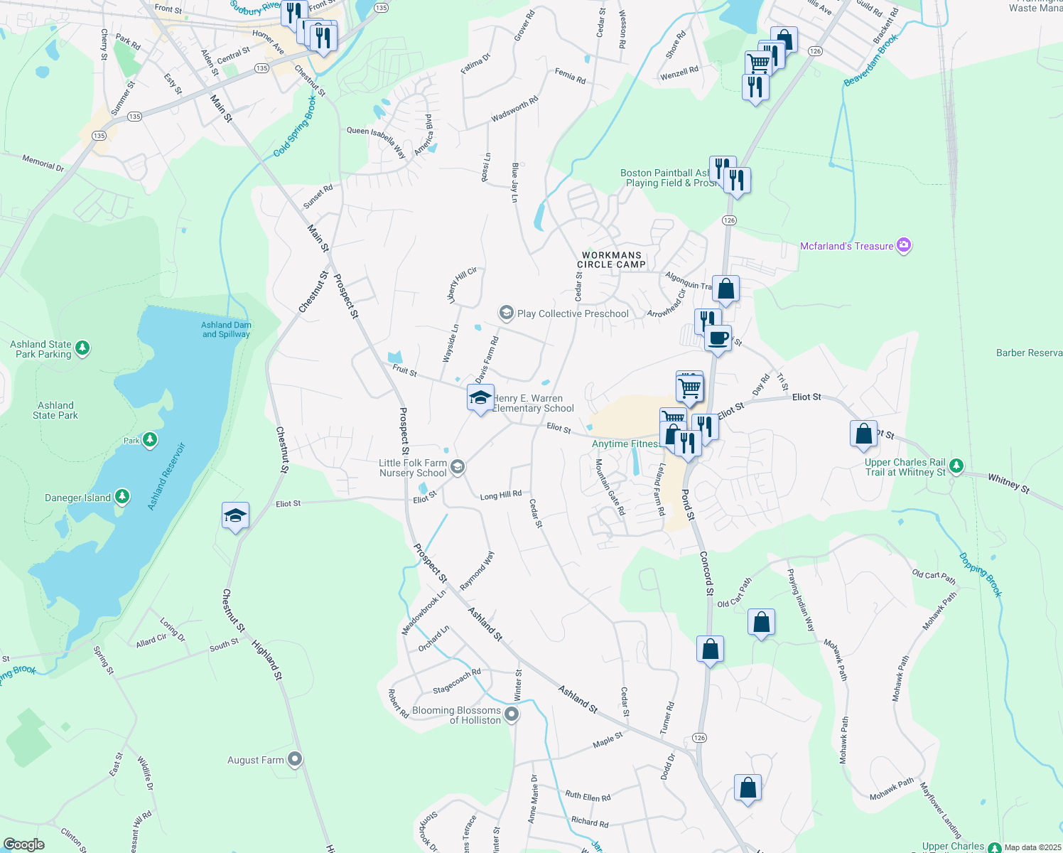 map of restaurants, bars, coffee shops, grocery stores, and more near 183 Eliot Street in Ashland