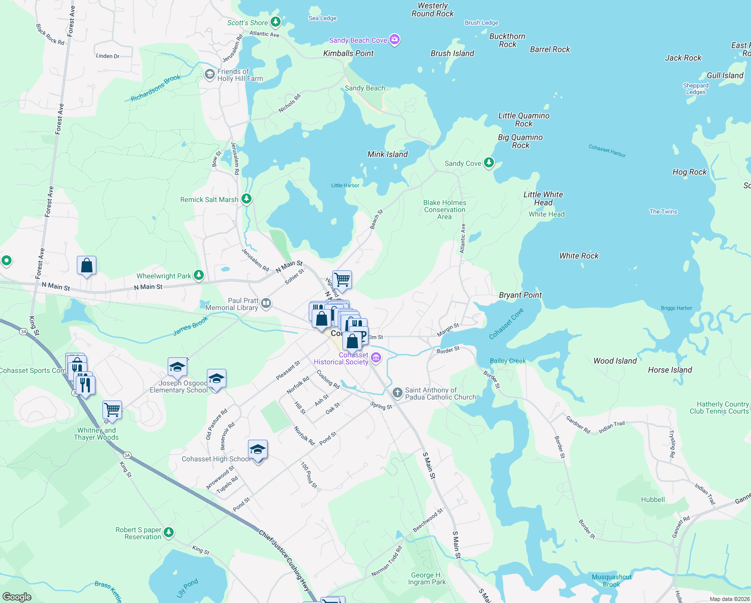 map of restaurants, bars, coffee shops, grocery stores, and more near 41 Stevens Lane in Cohasset