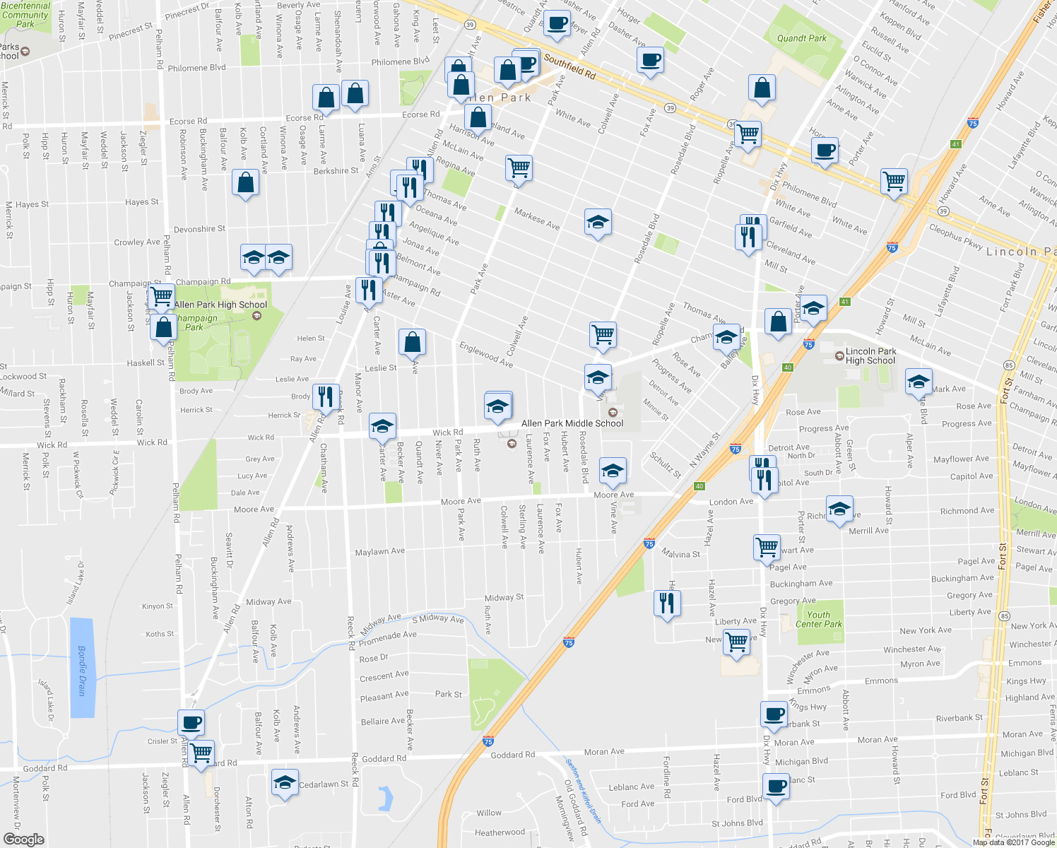map of restaurants, bars, coffee shops, grocery stores, and more near 14830 Wick Road in Allen Park