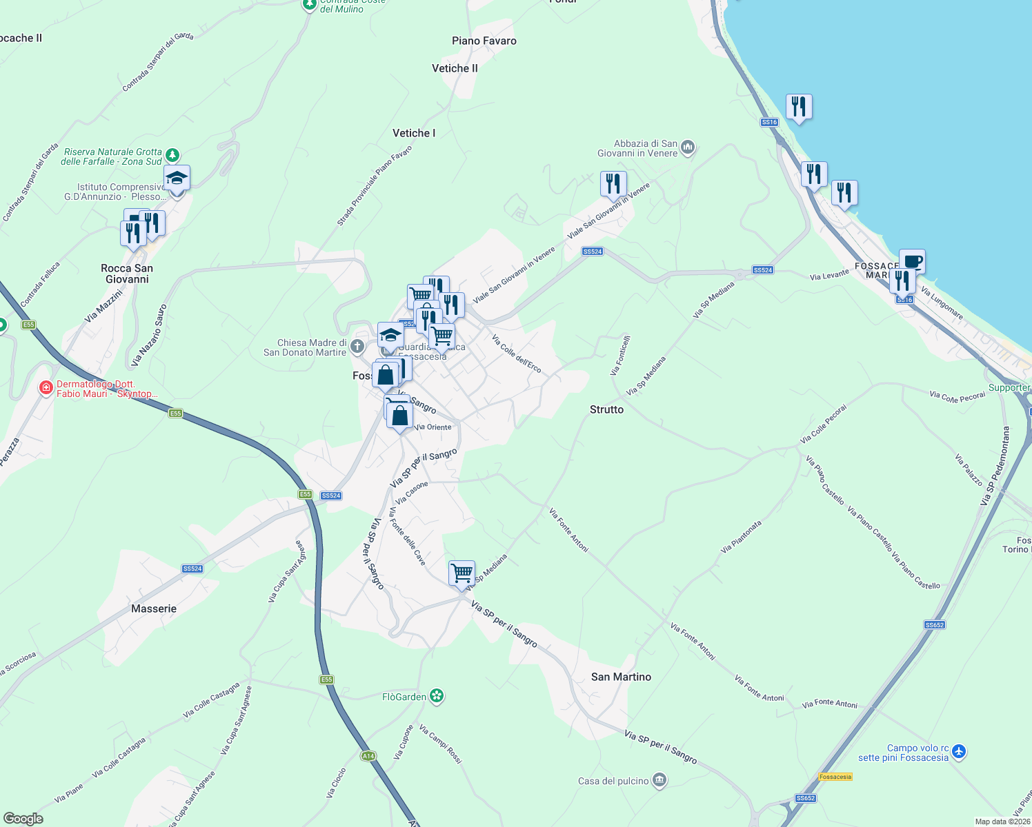 map of restaurants, bars, coffee shops, grocery stores, and more near 3 Via Fonticelli in Provincia di Chieti