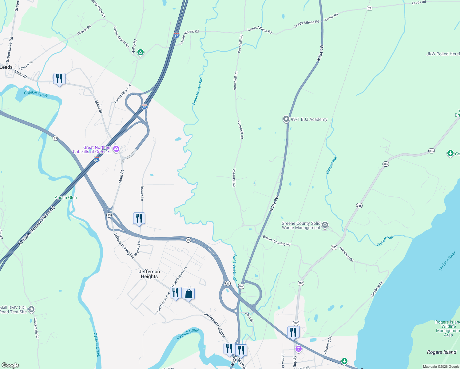 map of restaurants, bars, coffee shops, grocery stores, and more near 89 Vosenkill Rd in Catskill