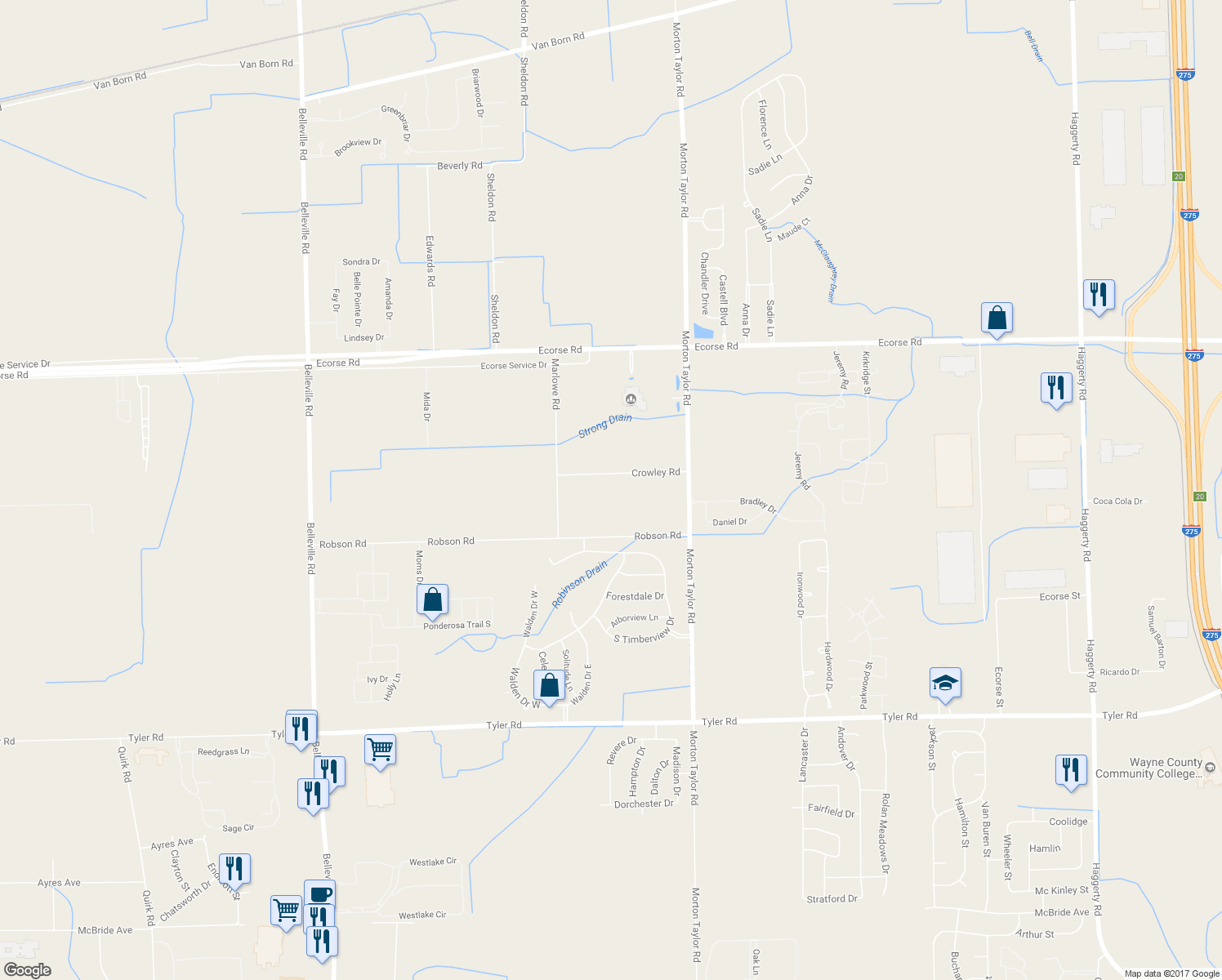 map of restaurants, bars, coffee shops, grocery stores, and more near 43815 Crowley Road in Belleville