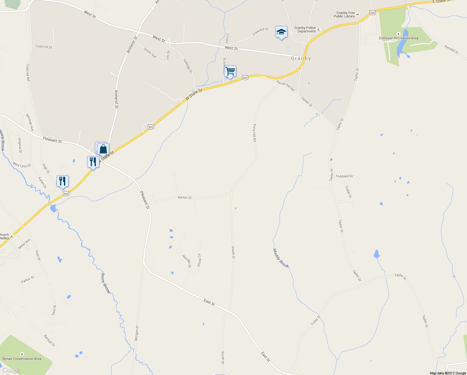 map of restaurants, bars, coffee shops, grocery stores, and more near 95 Ferry Hill Rd in Granby