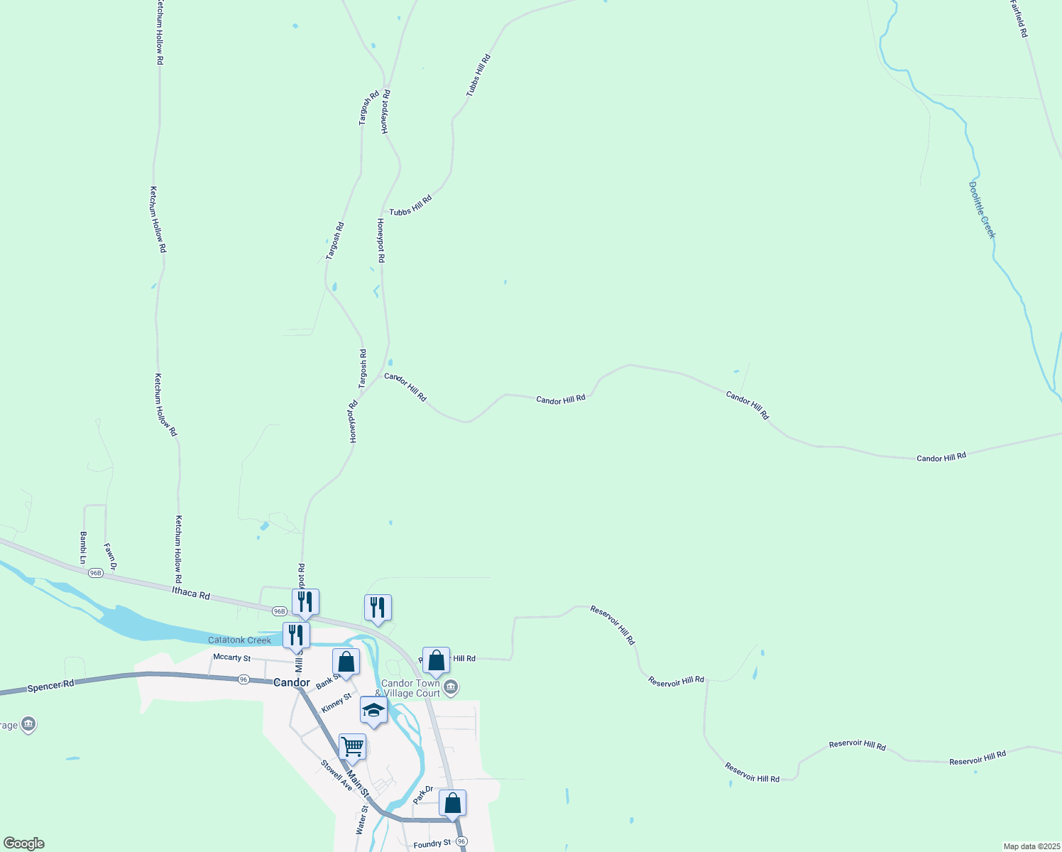 map of restaurants, bars, coffee shops, grocery stores, and more near 97 Candor Hill Rd in Candor
