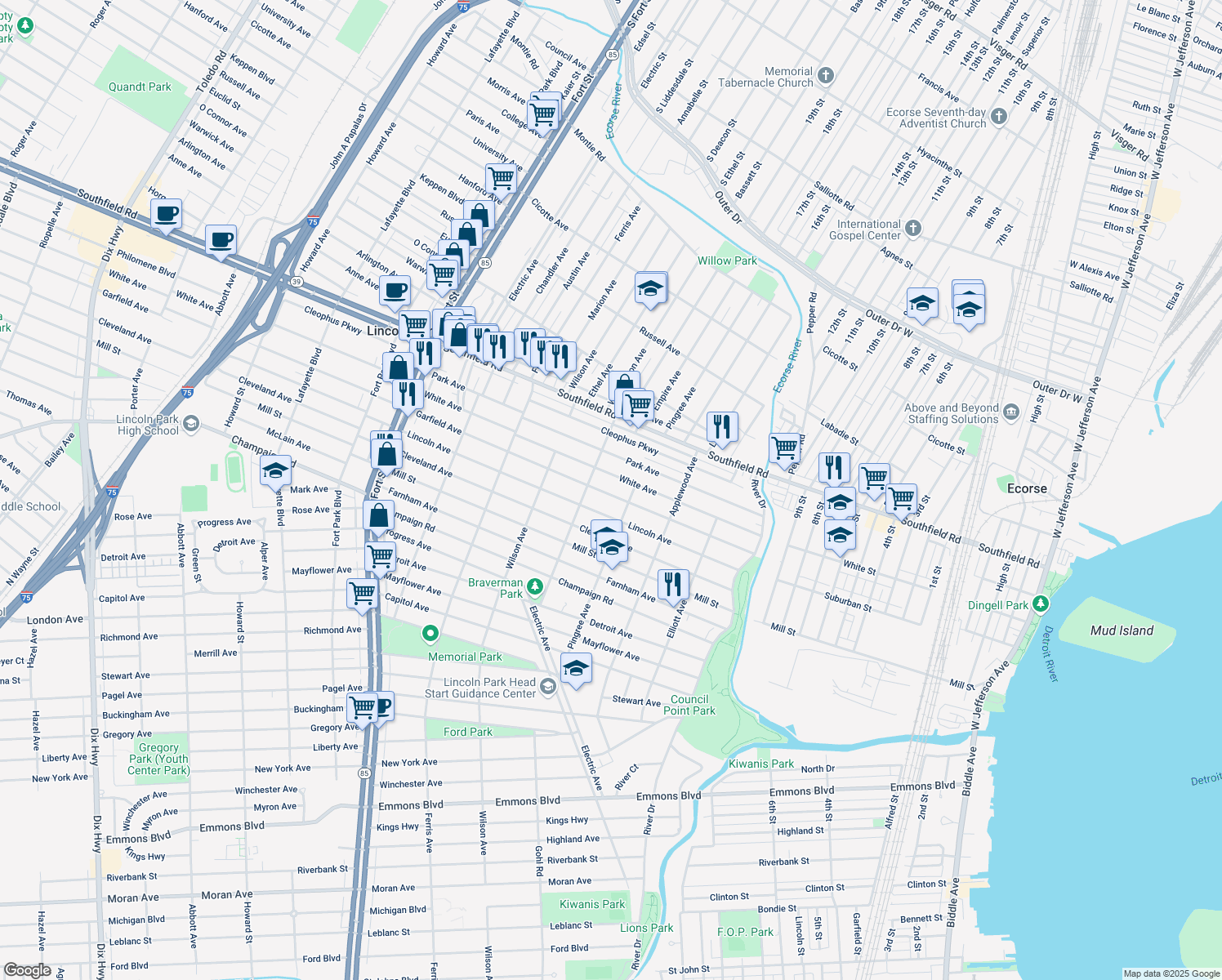 map of restaurants, bars, coffee shops, grocery stores, and more near 740 Garfield Avenue in Lincoln Park