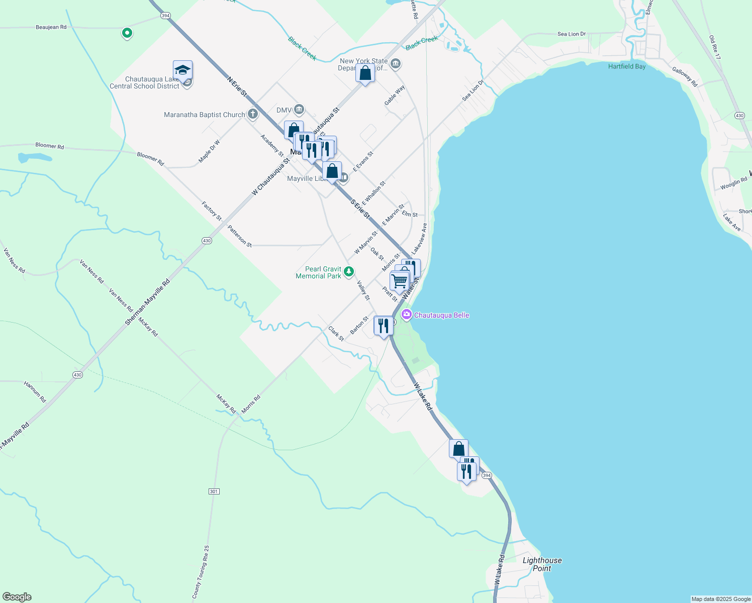map of restaurants, bars, coffee shops, grocery stores, and more near 104 Valley St in Mayville