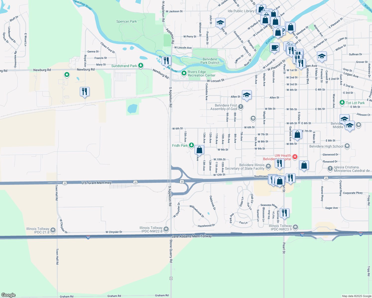 map of restaurants, bars, coffee shops, grocery stores, and more near 1438 West 9th Street in Belvidere