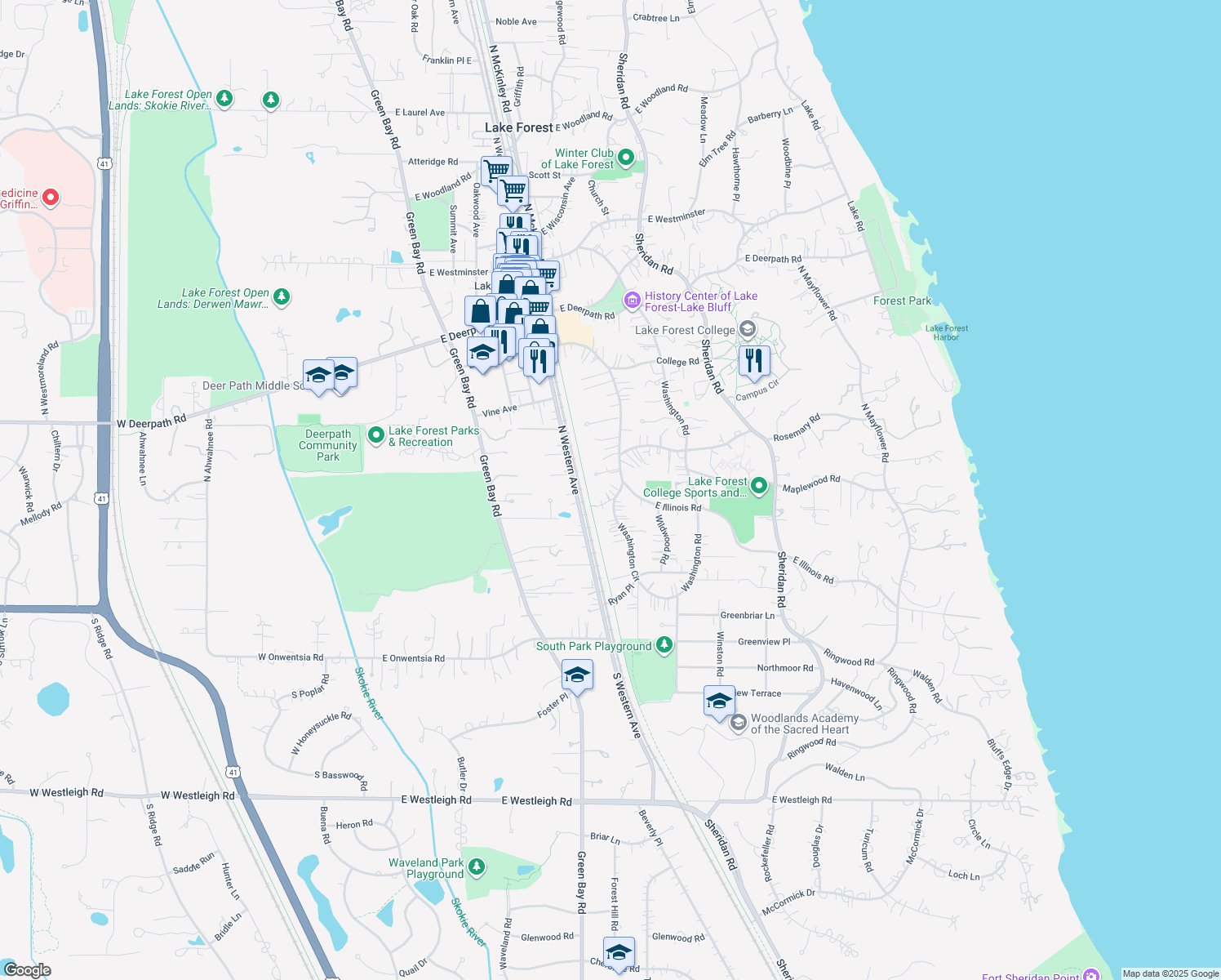 map of restaurants, bars, coffee shops, grocery stores, and more near 260 Washington Circle in Lake Forest