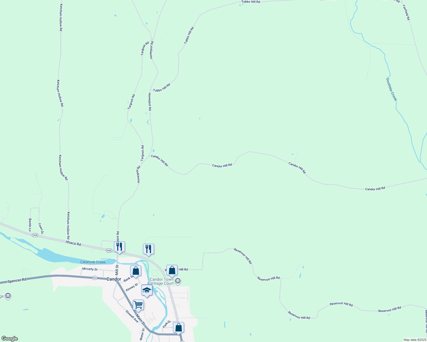 map of restaurants, bars, coffee shops, grocery stores, and more near 97 Candor Hill Rd in Candor