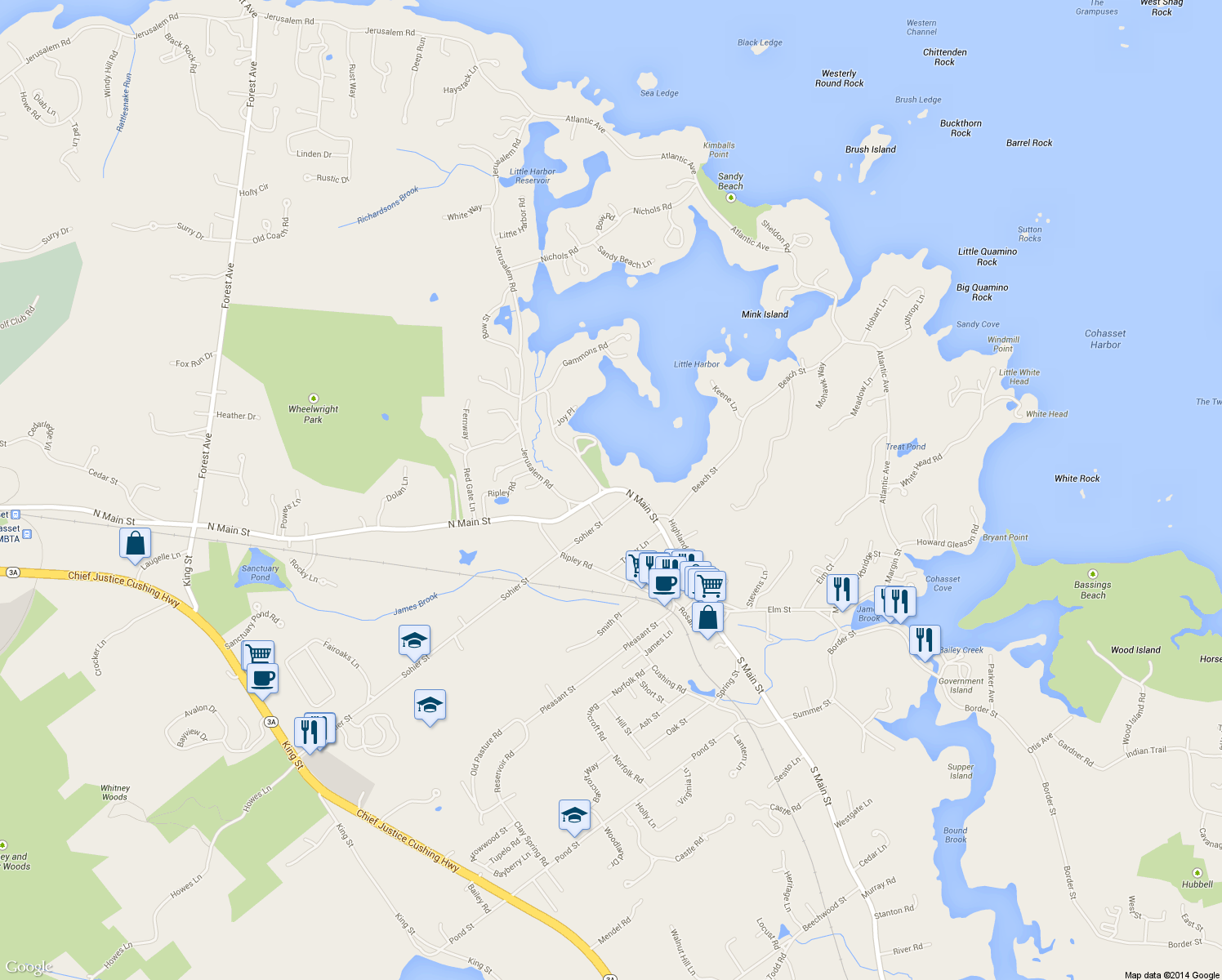 map of restaurants, bars, coffee shops, grocery stores, and more near N Main St & Joy Pl in Cohasset