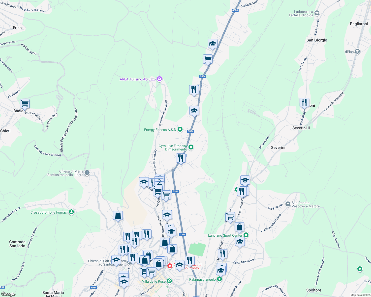 map of restaurants, bars, coffee shops, grocery stores, and more near 168 Contrada Santa Giusta in Lanciano