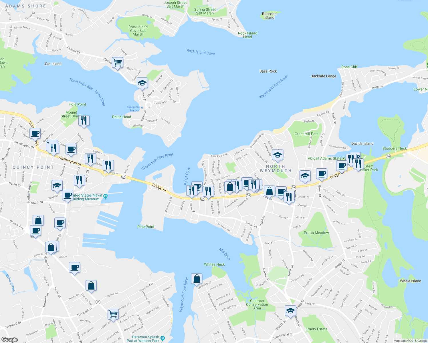 map of restaurants, bars, coffee shops, grocery stores, and more near 29 Weybosset Street in Weymouth