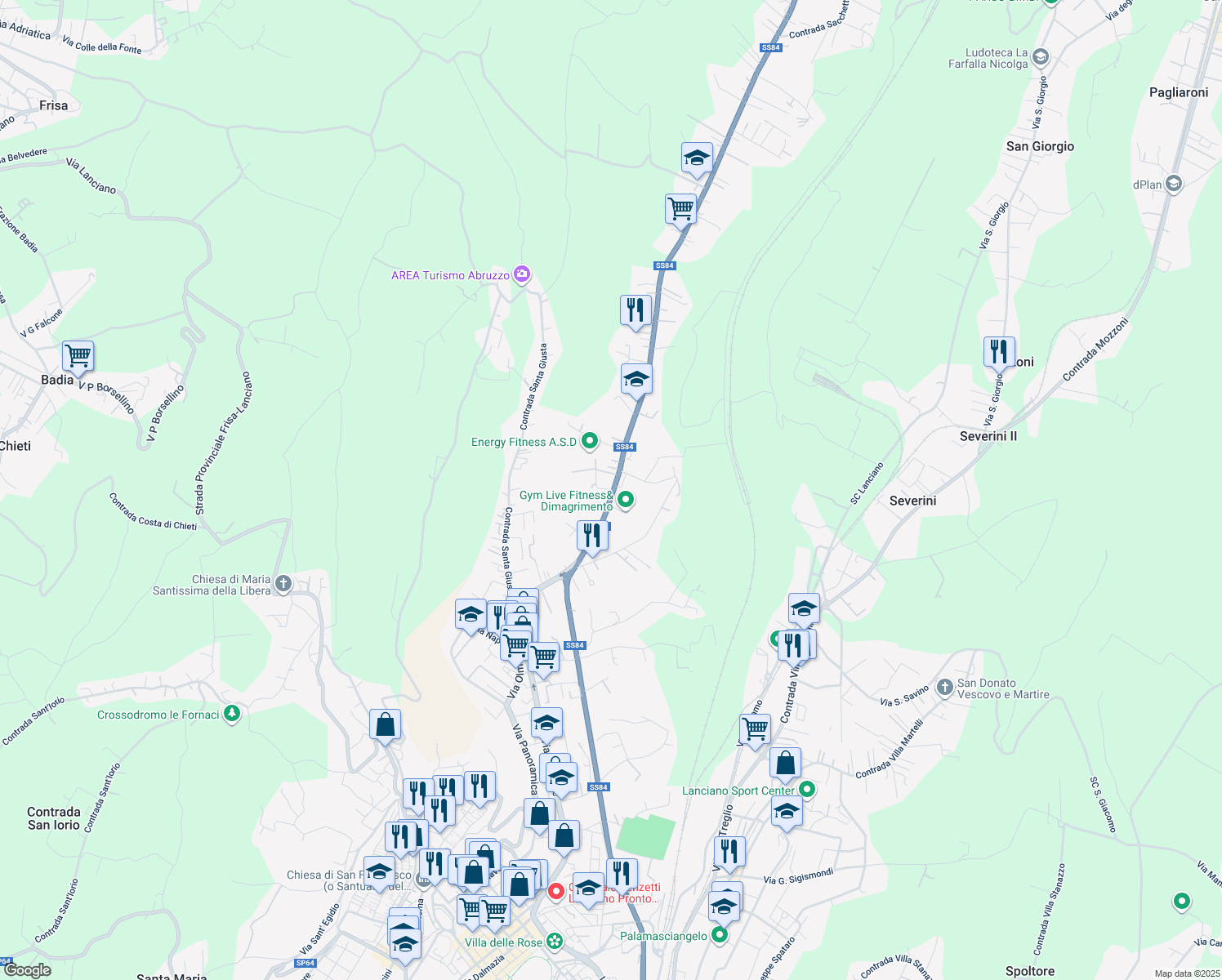 map of restaurants, bars, coffee shops, grocery stores, and more near 168 Contrada Santa Giusta in Lanciano