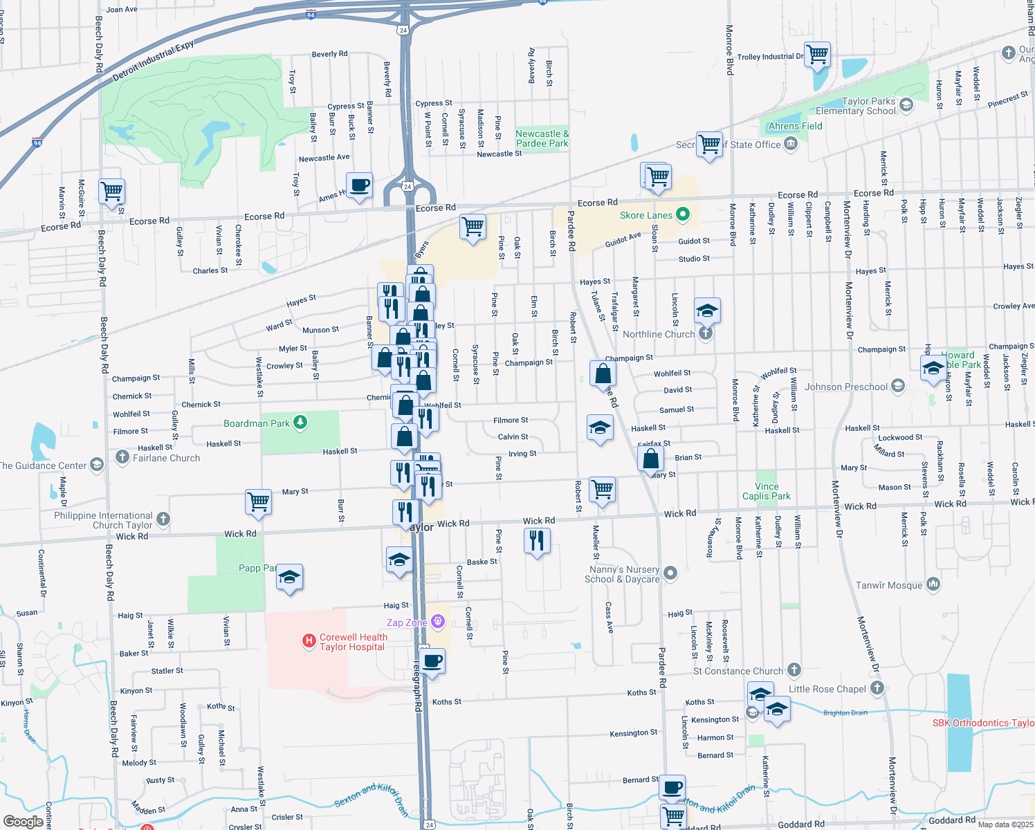 map of restaurants, bars, coffee shops, grocery stores, and more near 23486 Filmore Street in Taylor