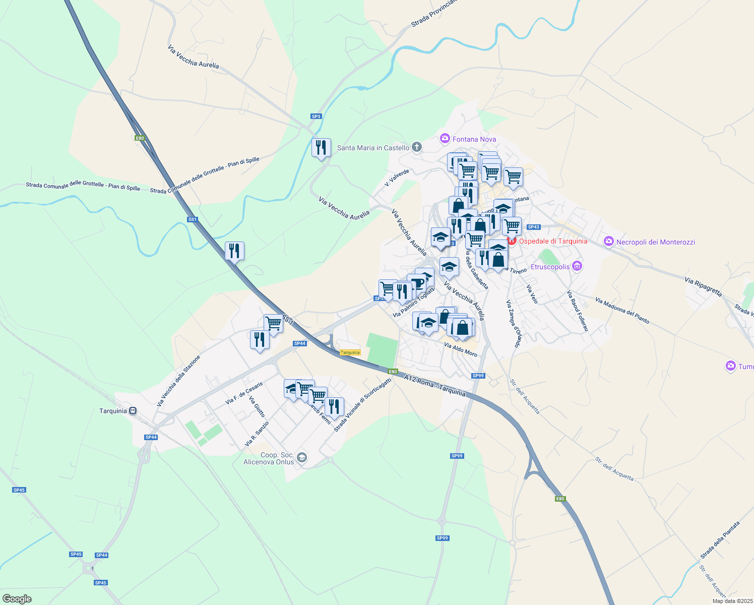 map of restaurants, bars, coffee shops, grocery stores, and more near 4 Strada Provinciale Porto Clementino in Tarquinia