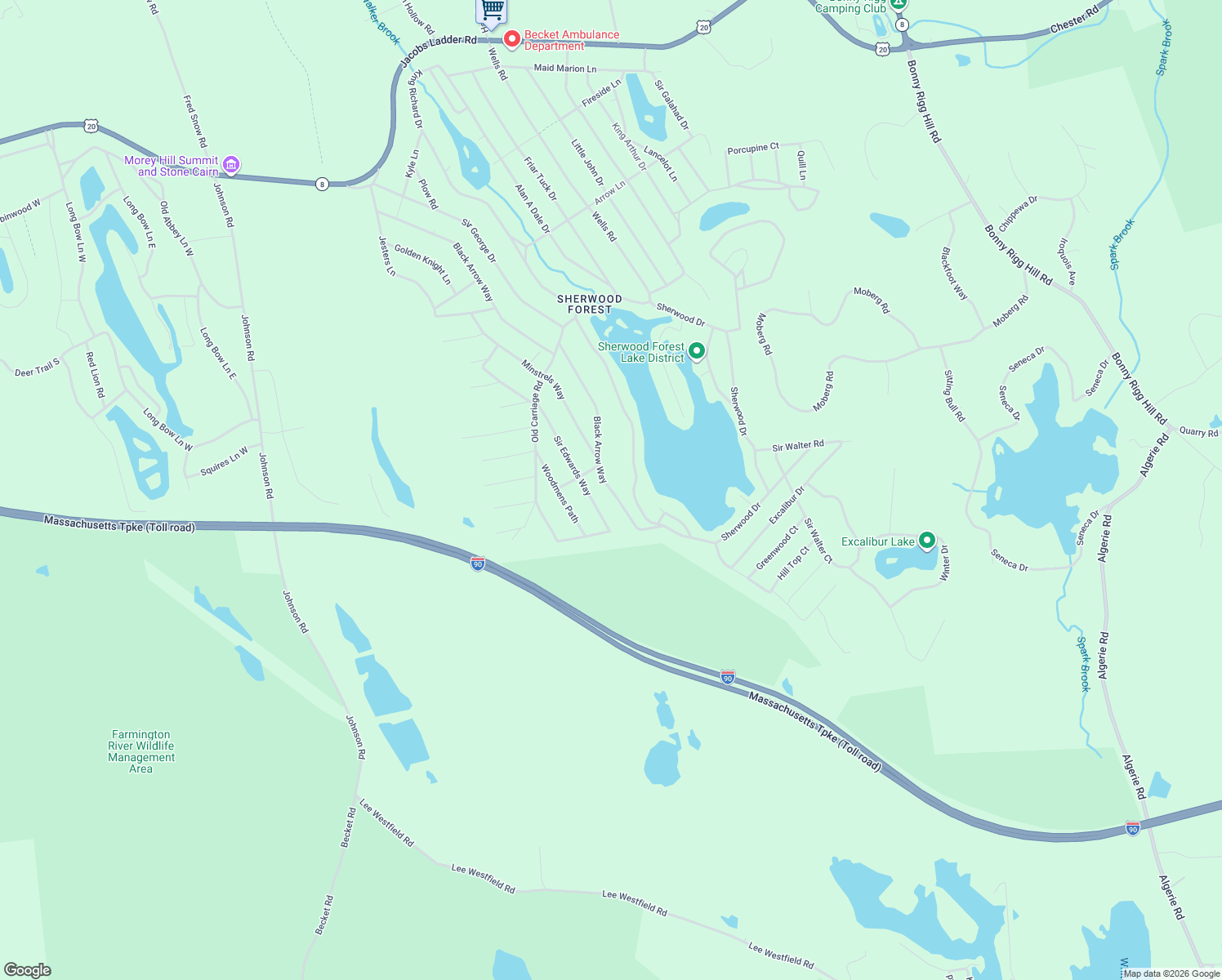map of restaurants, bars, coffee shops, grocery stores, and more near 0 Black Arrow Way in Becket