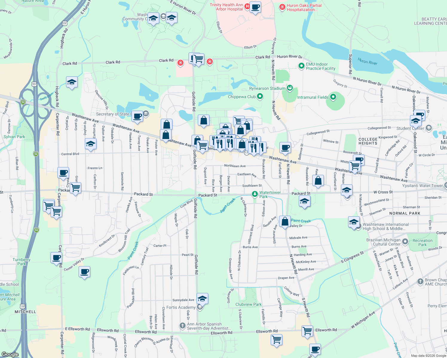 map of restaurants, bars, coffee shops, grocery stores, and more near 2810 Southlawn St in Ypsilanti Township