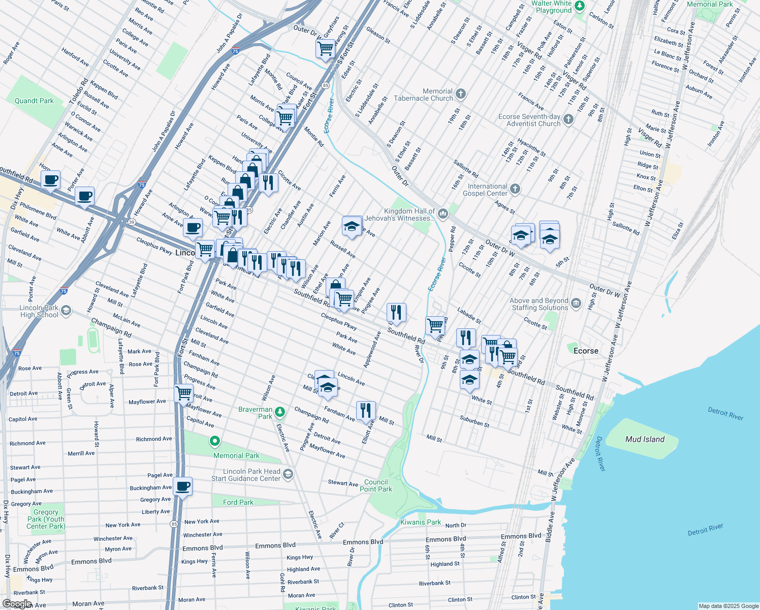 map of restaurants, bars, coffee shops, grocery stores, and more near 1574 Applewood Avenue in Lincoln Park