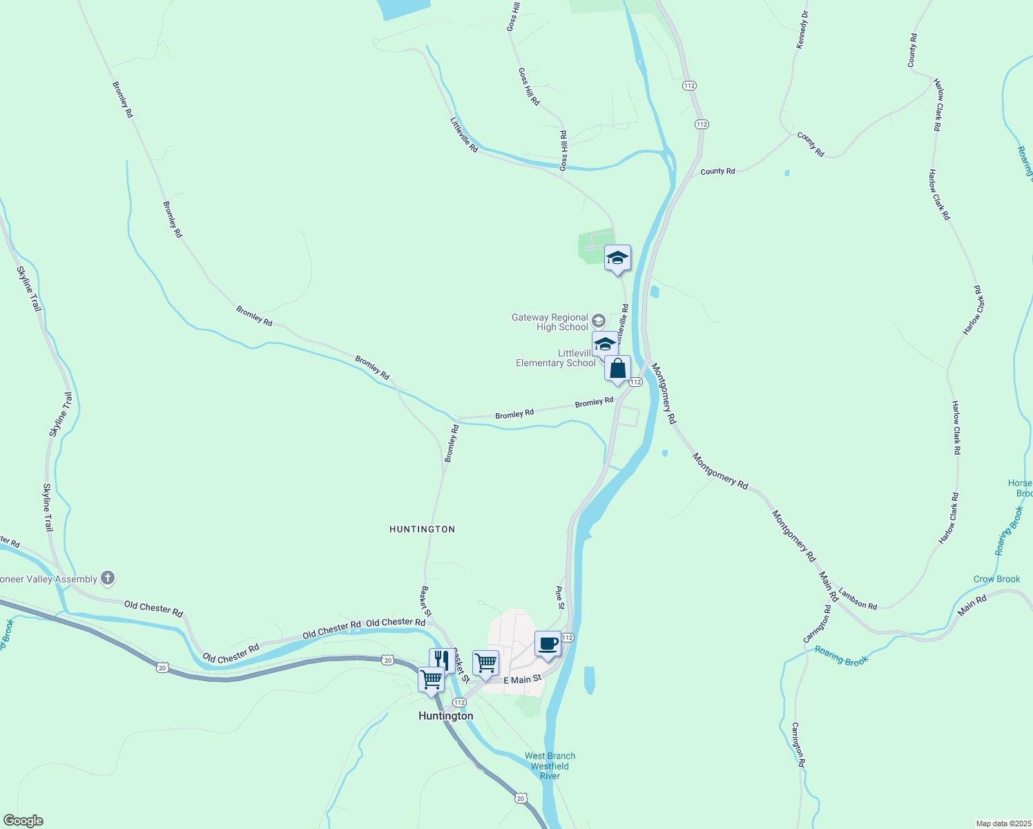 map of restaurants, bars, coffee shops, grocery stores, and more near 12 Bromley Rd in Huntington
