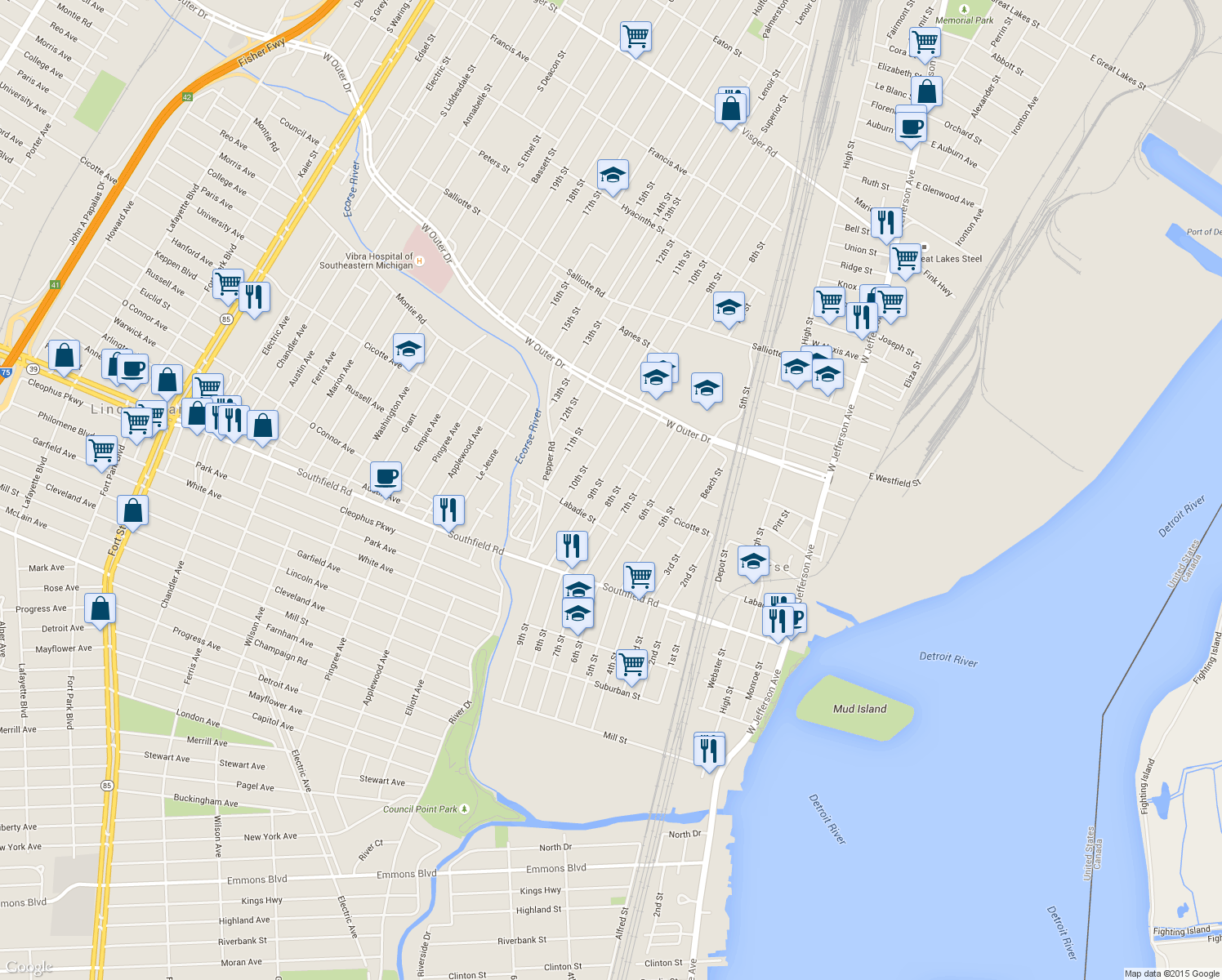 map of restaurants, bars, coffee shops, grocery stores, and more near 4316 8th Street in Ecorse