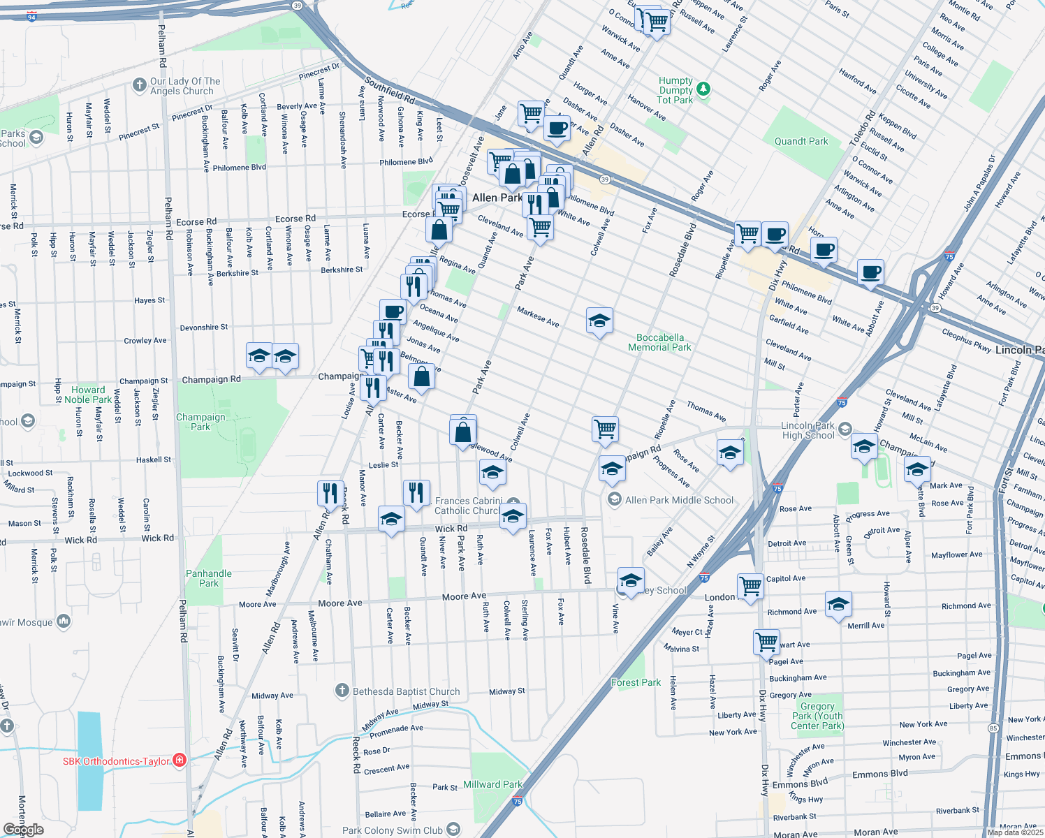 map of restaurants, bars, coffee shops, grocery stores, and more near 15204 Champaign Road in Allen Park