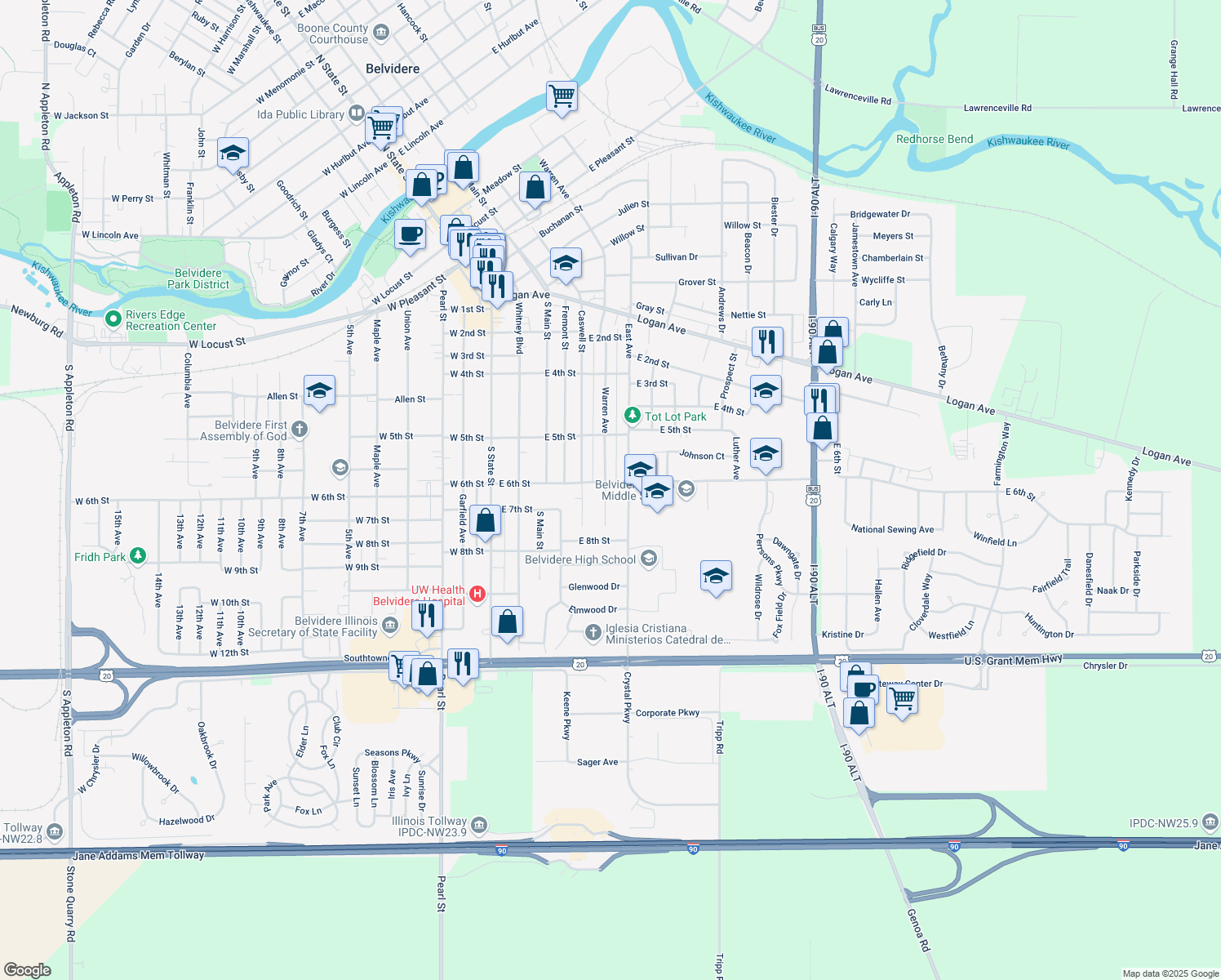 map of restaurants, bars, coffee shops, grocery stores, and more near 1306 Warren Avenue in Belvidere