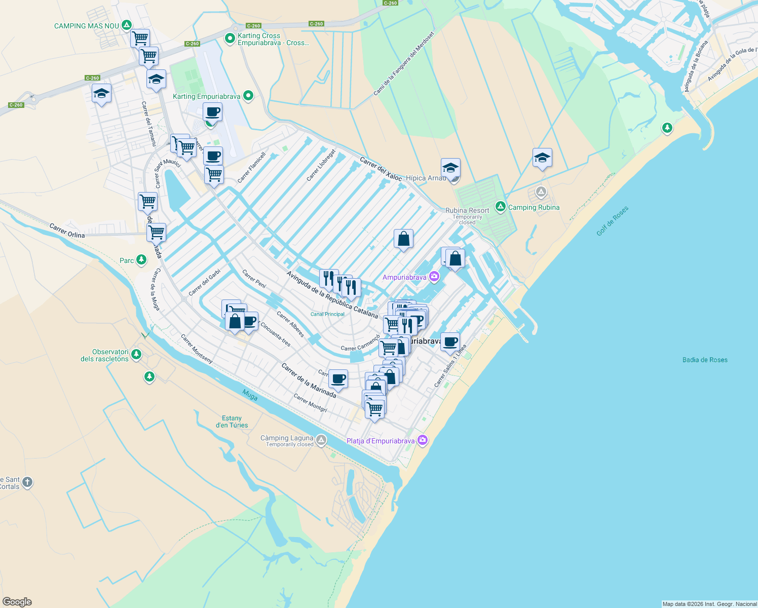 map of restaurants, bars, coffee shops, grocery stores, and more near 2 Carrer Port Petit in Empuriabrava
