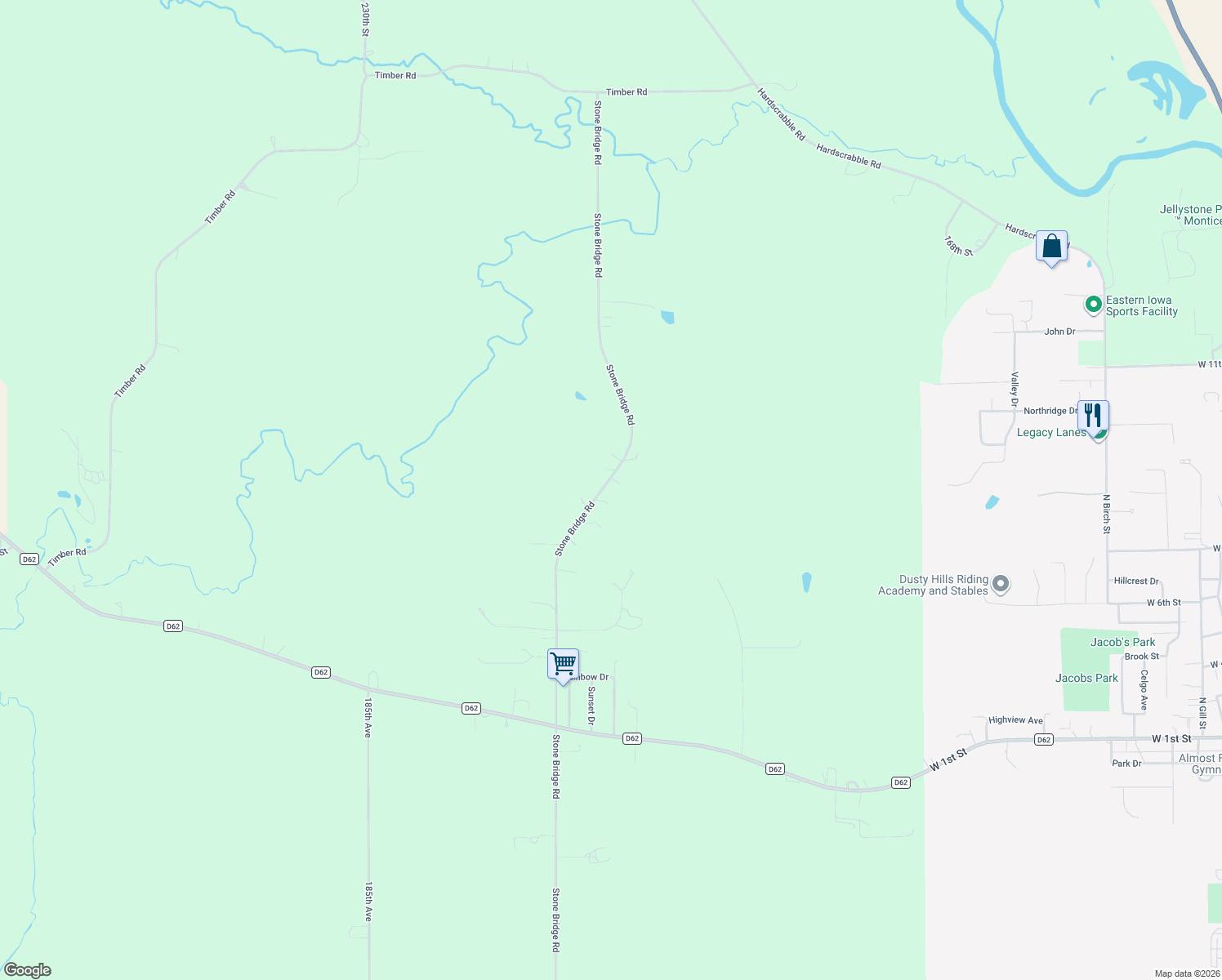 map of restaurants, bars, coffee shops, grocery stores, and more near 21688 Stone Bridge Road in Scotch Grove