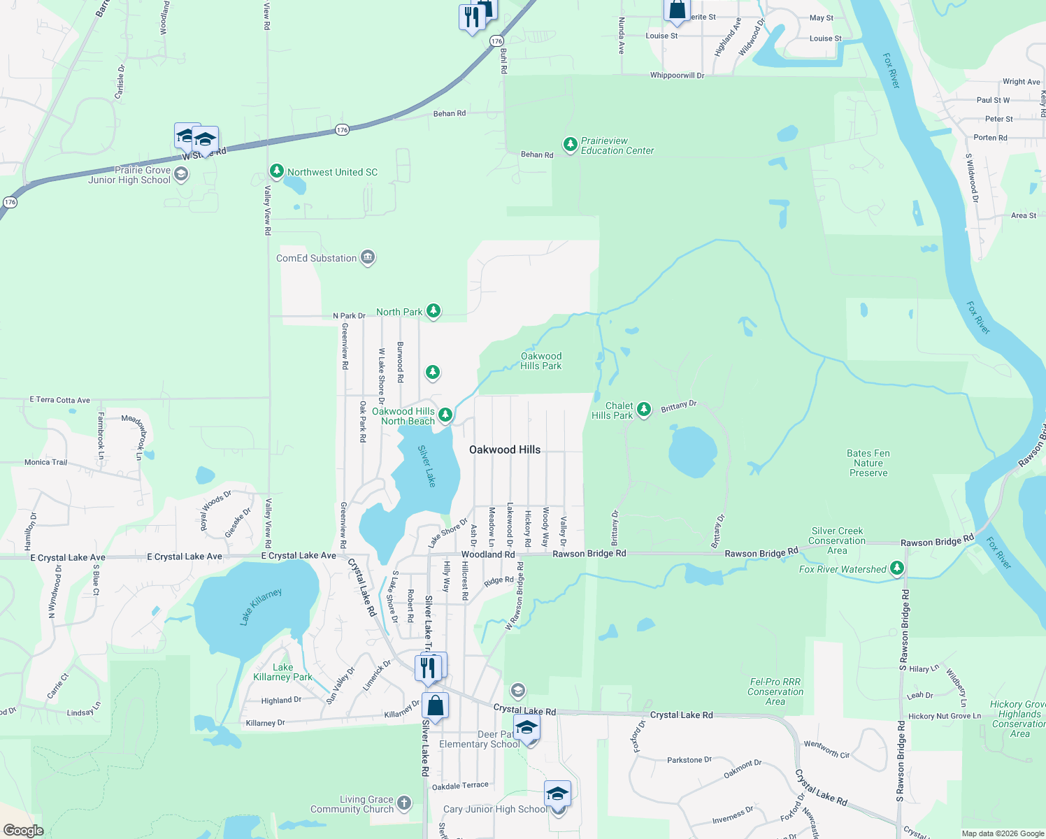 map of restaurants, bars, coffee shops, grocery stores, and more near 212 Hickory Road in Oakwood Hills