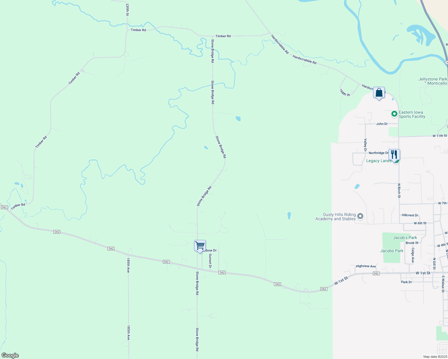 map of restaurants, bars, coffee shops, grocery stores, and more near 21740-21810 Stone Bridge Road in Monticello