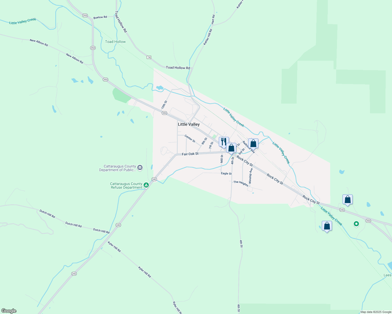 map of restaurants, bars, coffee shops, grocery stores, and more near 318 Fair Oak Street in Little Valley
