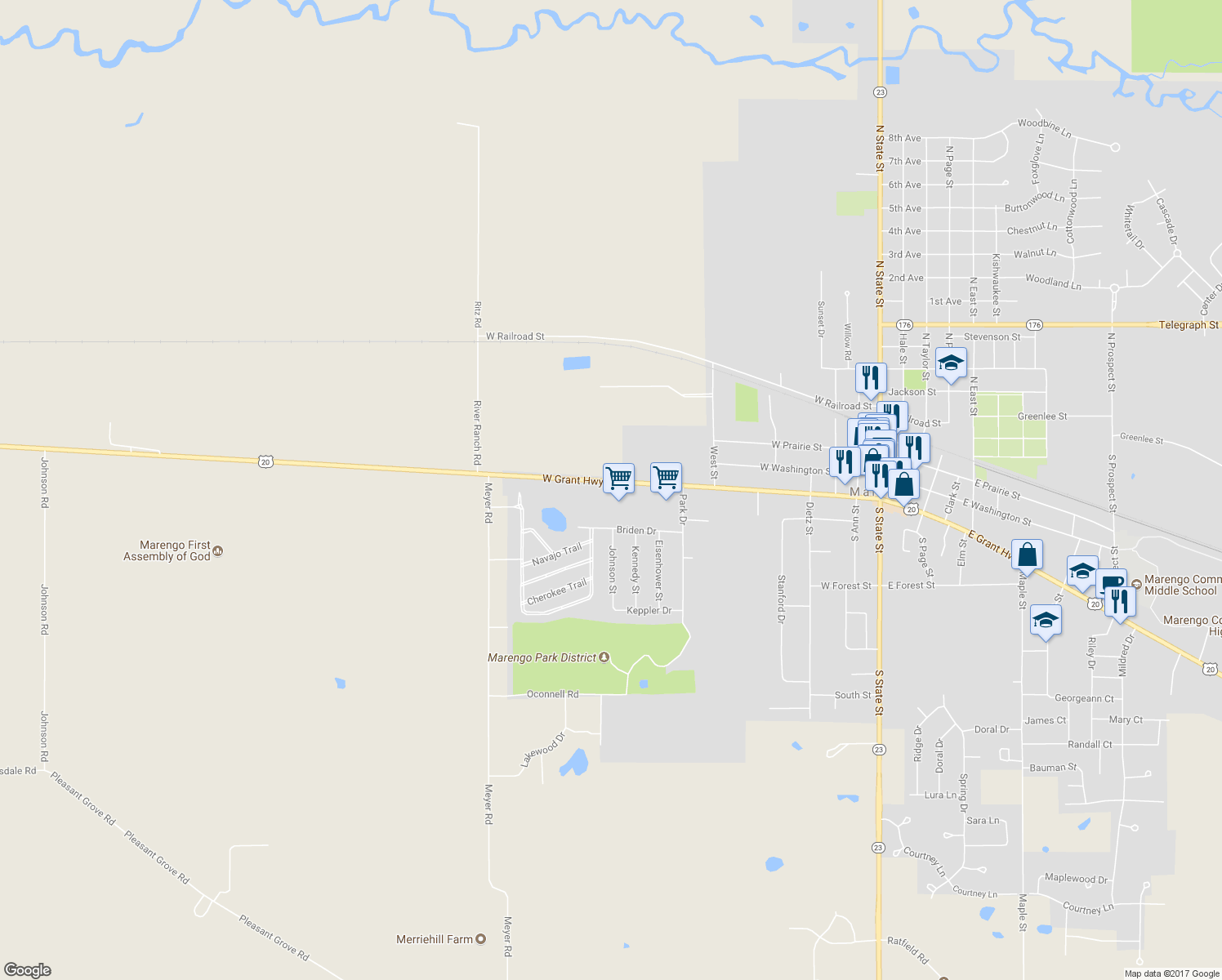 map of restaurants, bars, coffee shops, grocery stores, and more near 21801 West Grant Highway in Marengo