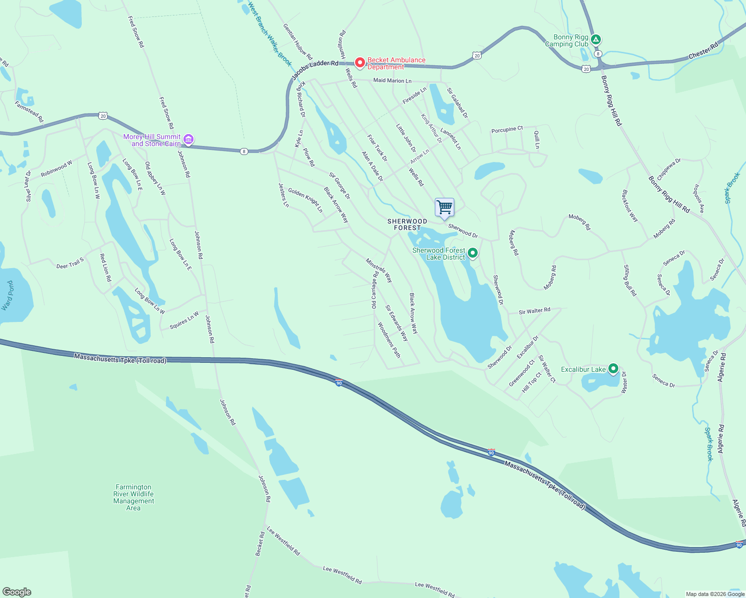 map of restaurants, bars, coffee shops, grocery stores, and more near 54 Robin Hood Lane in Becket